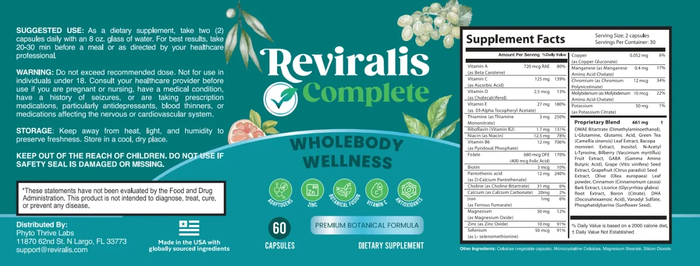 The flat Reviralis label: suggested use, warning, storage and distributor on the left; the Reviralis Complete name, Wholebody Wellness, five icons and Premium Botanical Formula in the middle; Supplement Facts on the right
